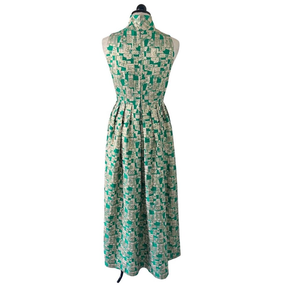 Vintage Womens Dress Size Small Green Geometric Print Maxi Casual Pleated - Picture 3 of 16